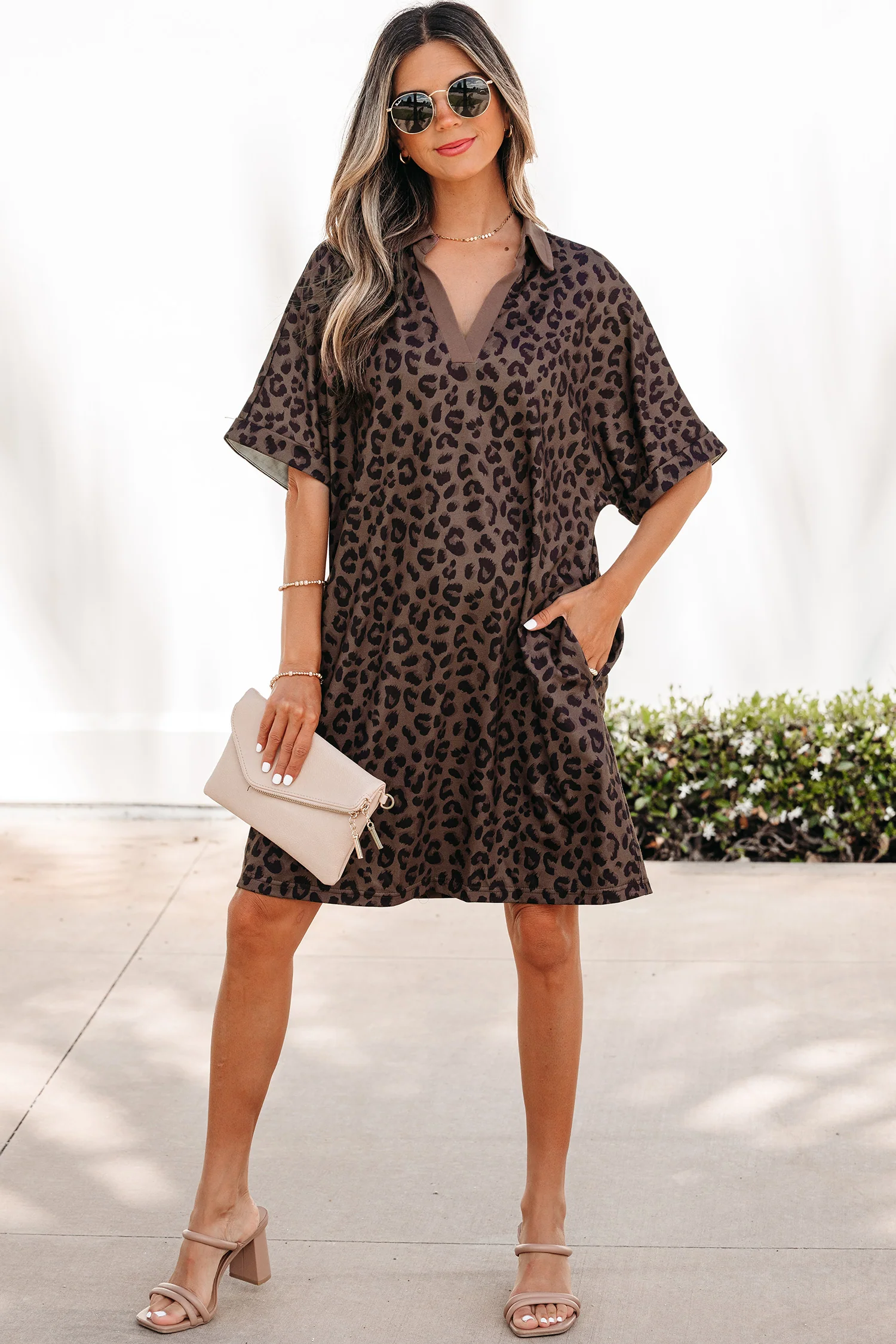 Brown Leopard Print Contrast Collar V-Neck Casual Mini Dress