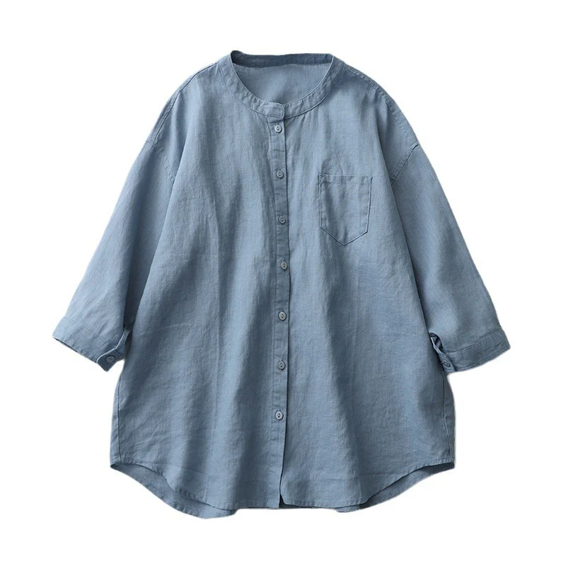 Summer Cotton Linen Stand Collar 3/4 Sleeves Shirt