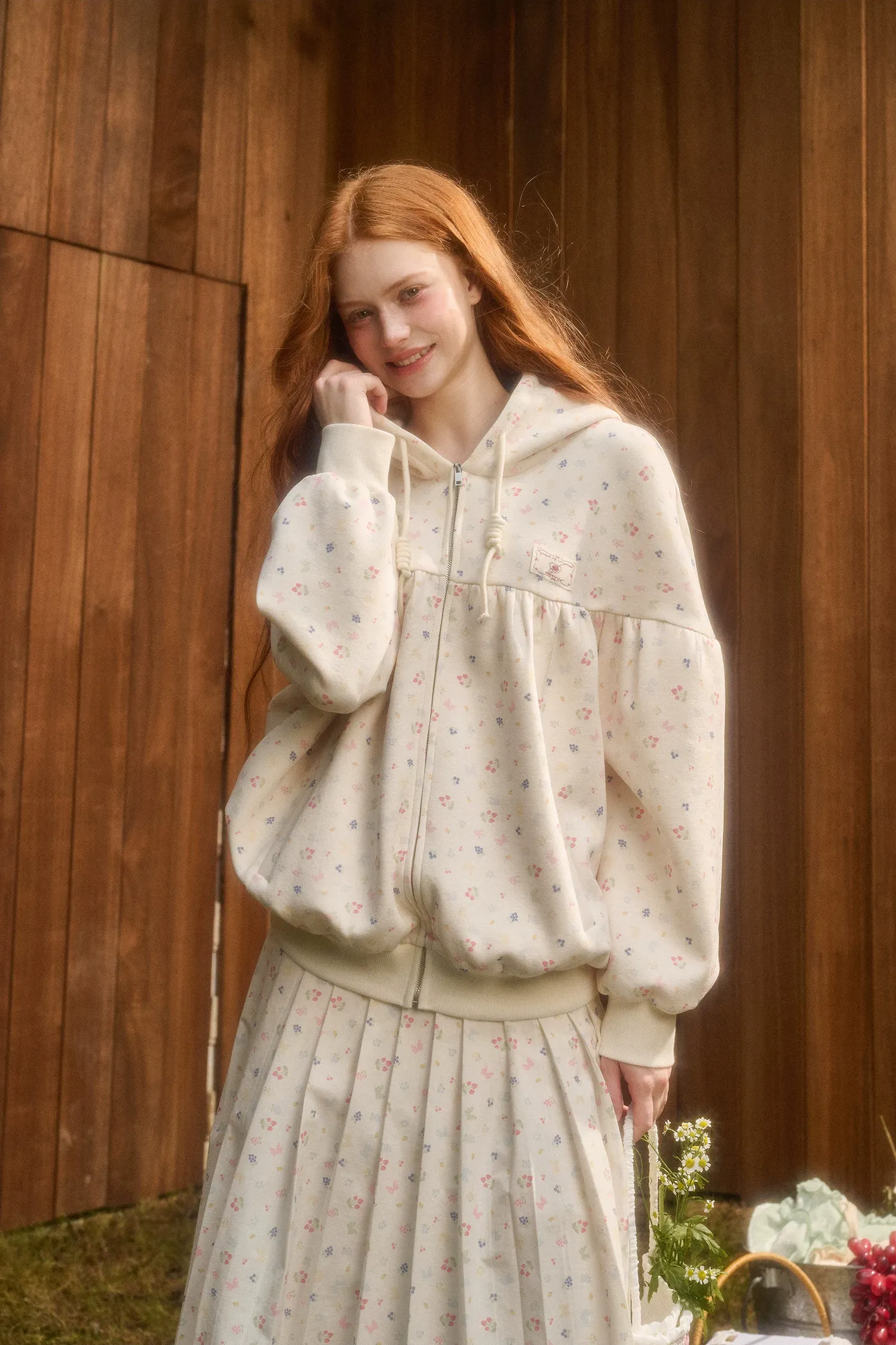 Printed Hooded Sweatshirt Pleated Skirt