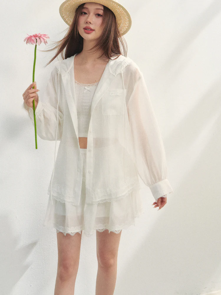 White Lace Panel Hooded Coat & Skirt Set