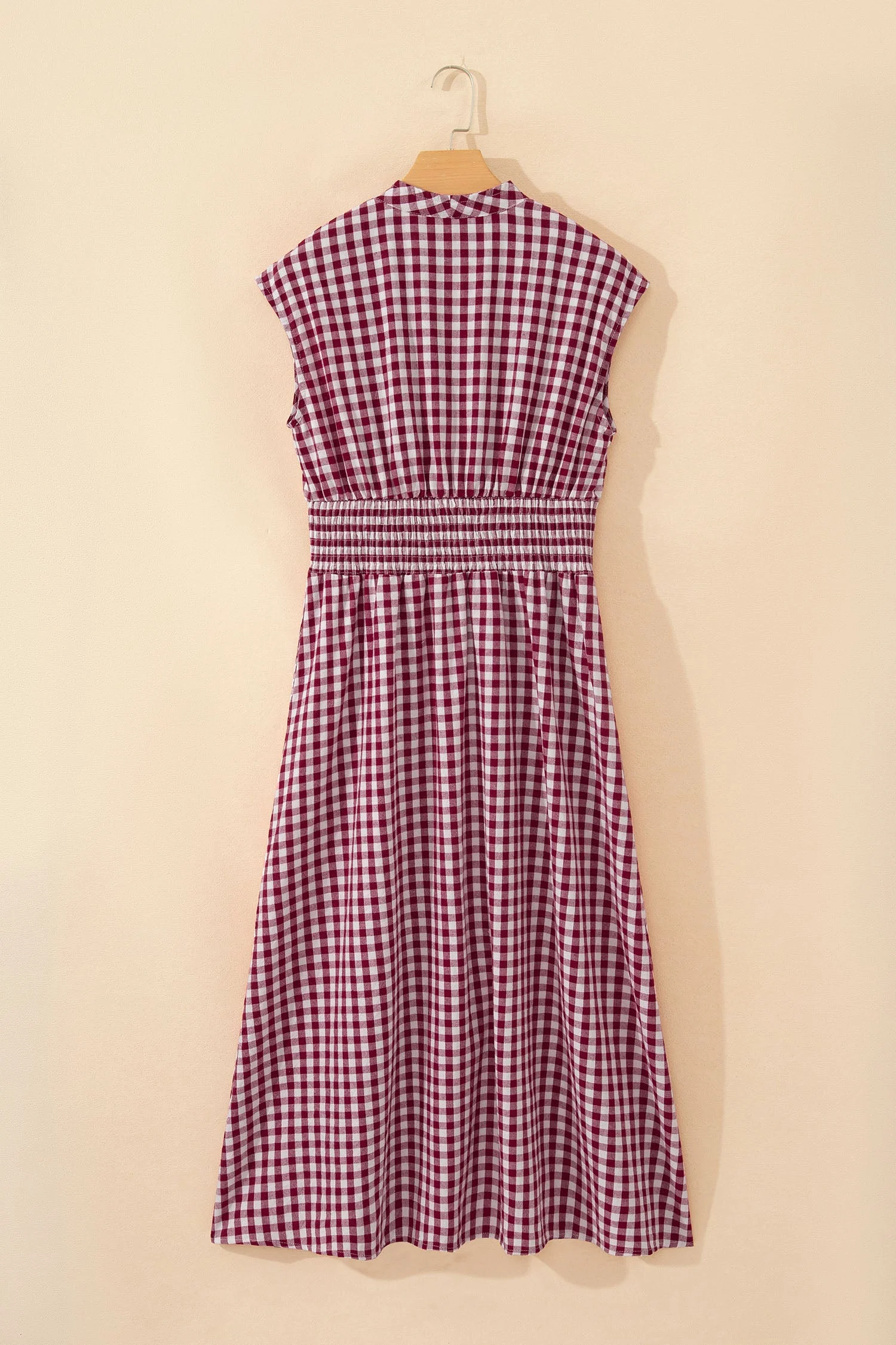 Red Plaid Print Full Zipper Cinched Waist Fit Flare Sleeveless Maxi Dress