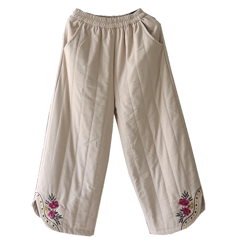 Women Winter Quilted Embroidered Warm Cotton Linen Straight-Leg Pants