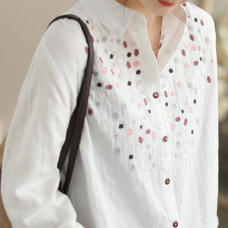 Women Spring Double Layer Veil Embroidered Long Sleeves Shirt