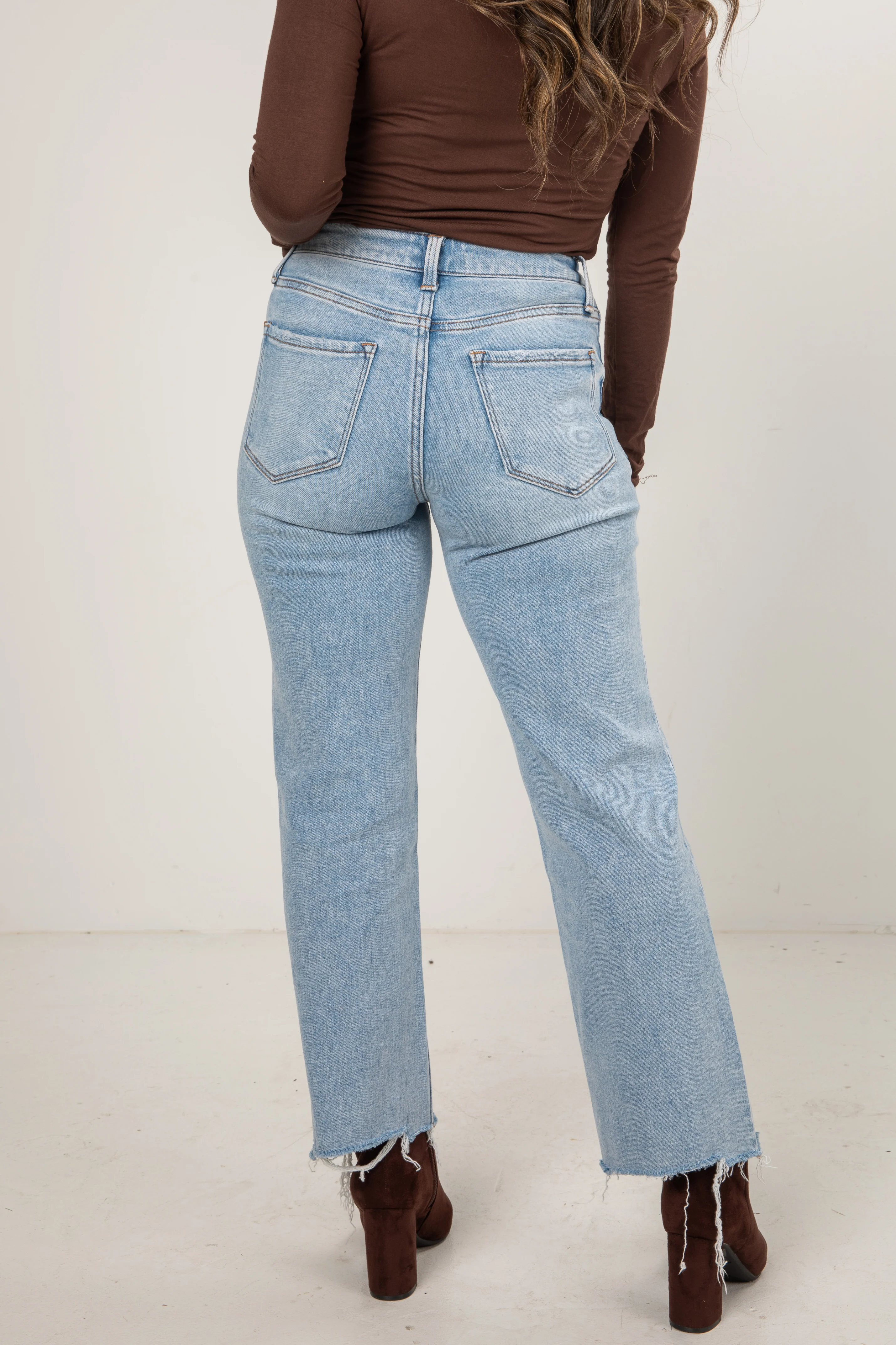 Light Wash High-Rise Distressed Slim Wide Leg Jeans