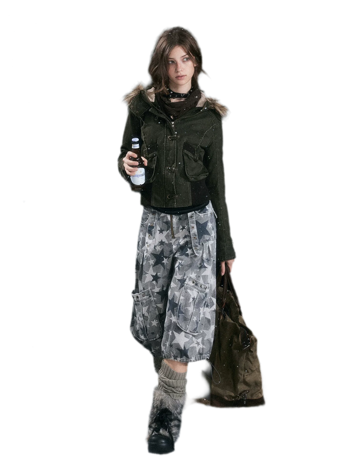 Washed Quilted Fur-Trim Hooded Jacket