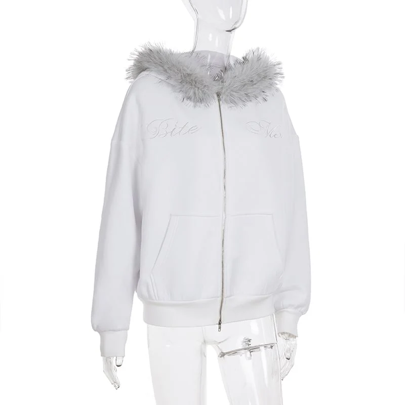 Fluffy Hooded Lettering Embroidered Zip Jacket