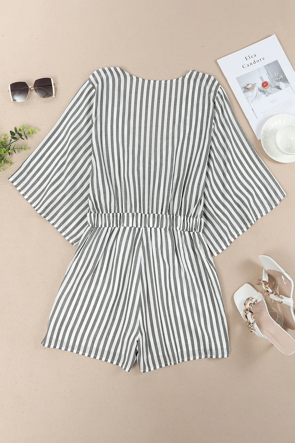 Kimono Sleeves Tie Front Striped Romper