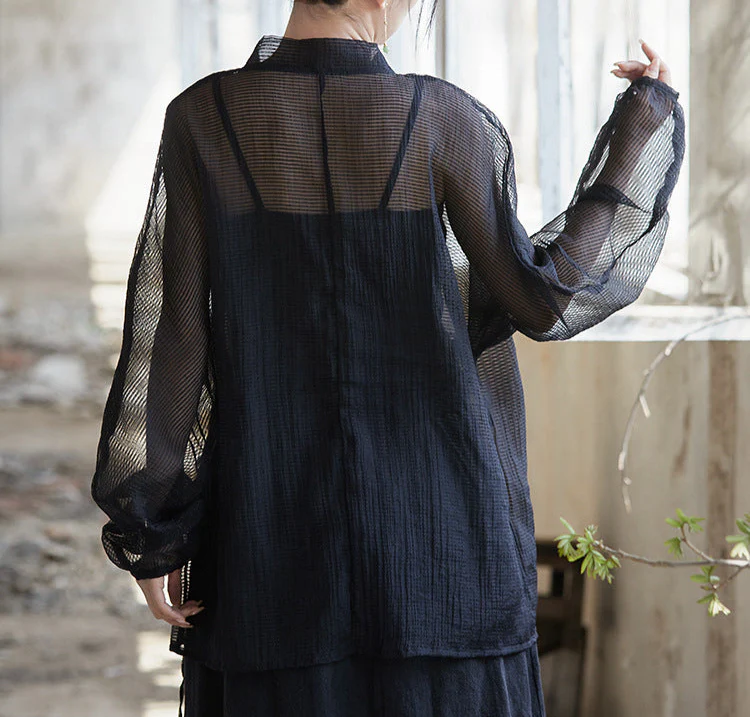 Women Long Sleeves Side Tie Sheer Wrap Soft Tencel Blouses
