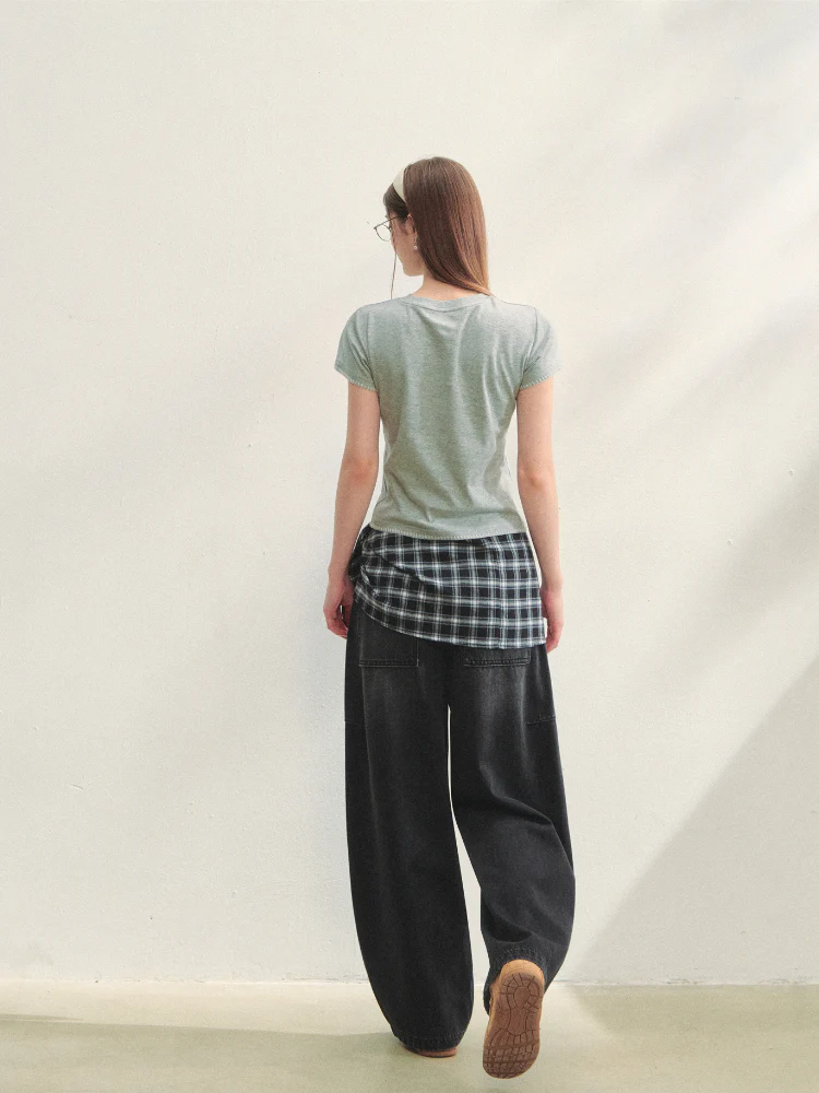 Checked Panel Tie-Waist Jeans