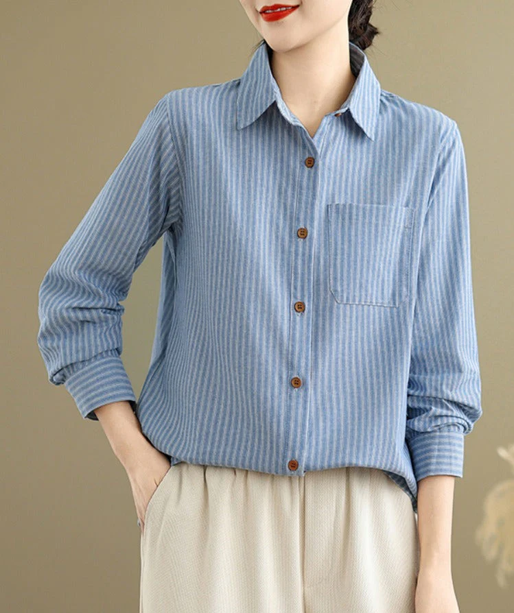 Spring Casual Striped Long-Sleeved Cotton Shirts for Women