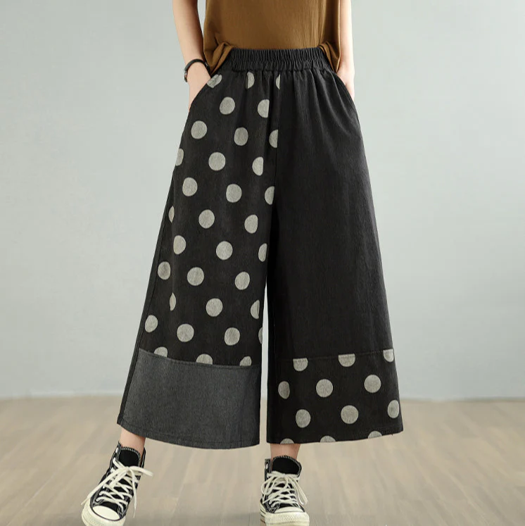 Women Spring Retro Patchwork Polka Dot Denim Pants