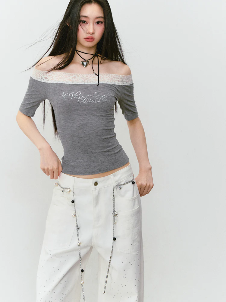 3D Rhinestone Wide - leg Denim Pants