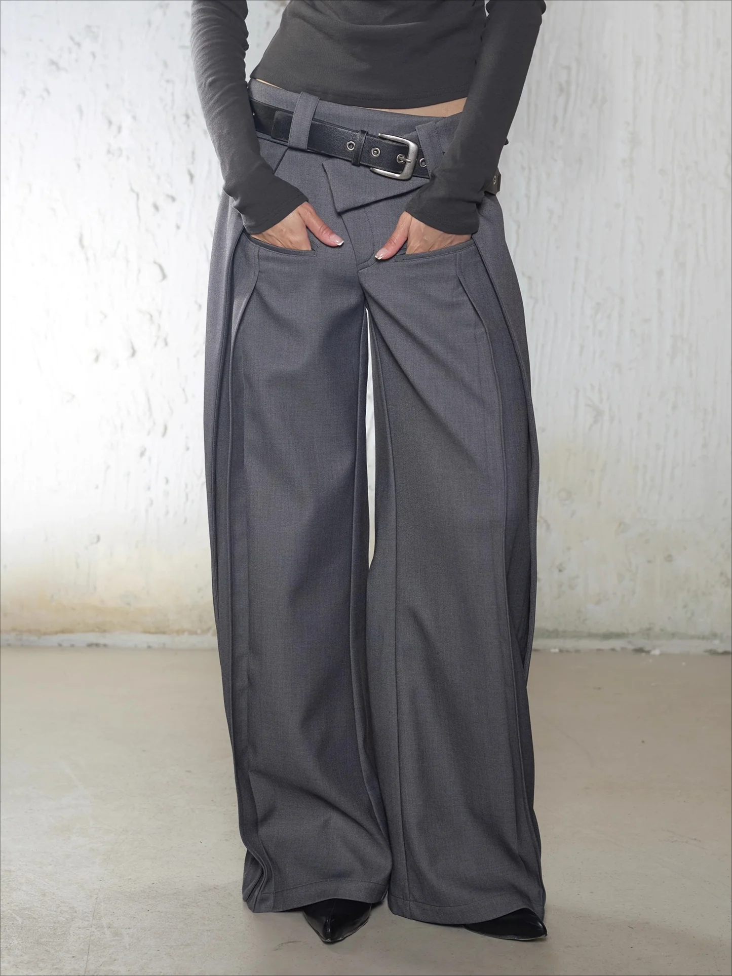 Irregular Folded-Waist Wide-Leg Trousers