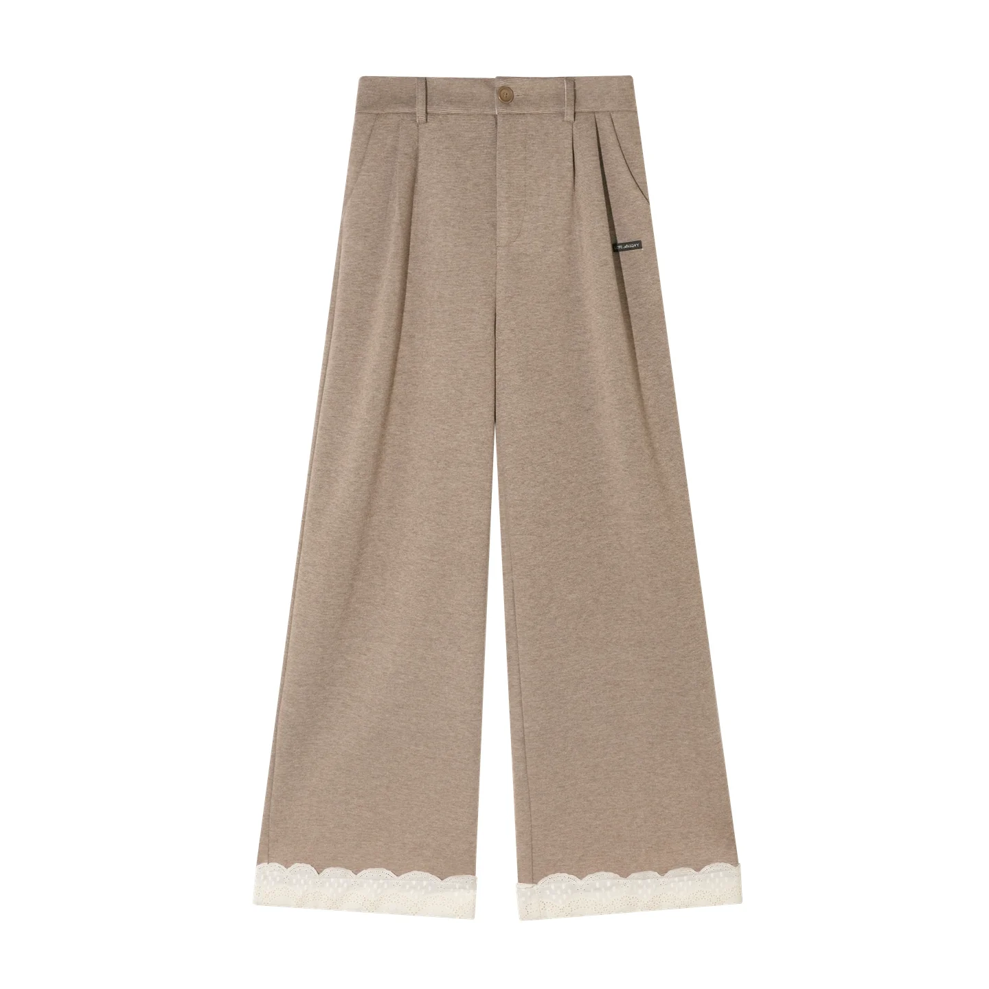 Embroidered Hem Wool Blend Wide-Leg Trousers