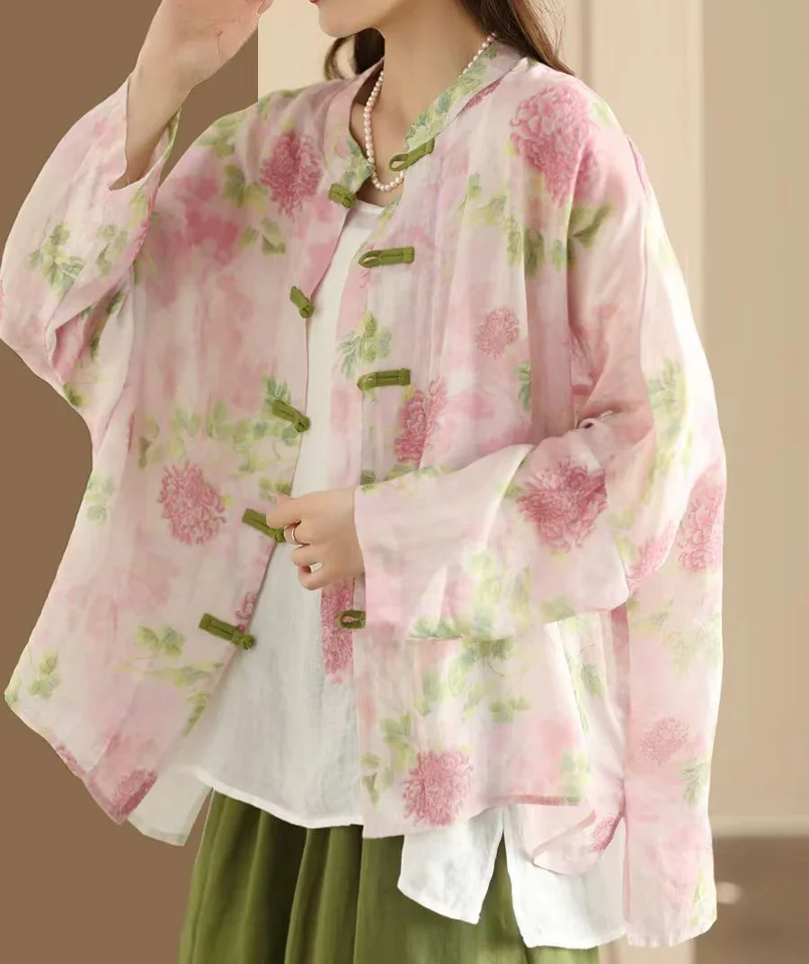 Ladies Vintage Printed Ramie Shirt Chinese Style Elegant Jacket