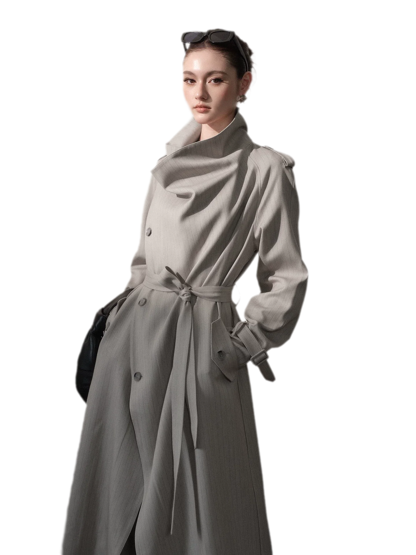 Silver-Thread Striped Long Trench Coat