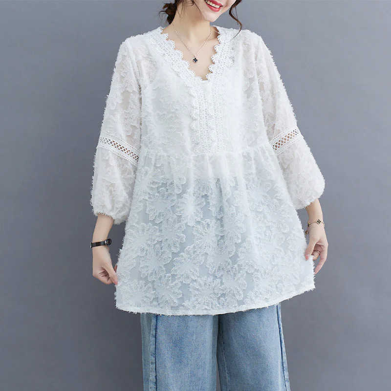 Women Sheer Lace Floral Embroidered V-Neck Loose Blouses