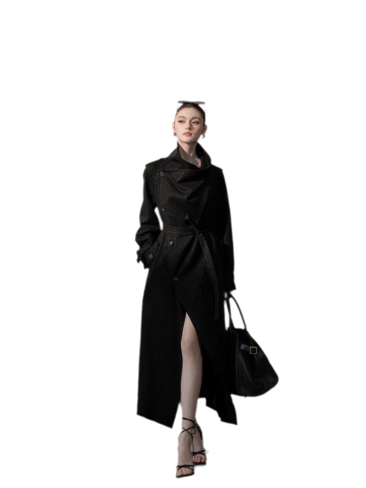 Silver-Thread Striped Long Trench Coat