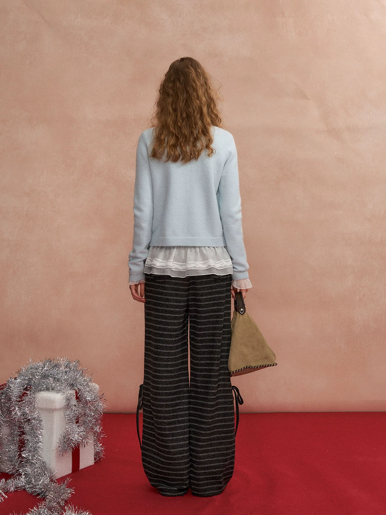 Bow-Tie Drawstring Striped Tweed Pants
