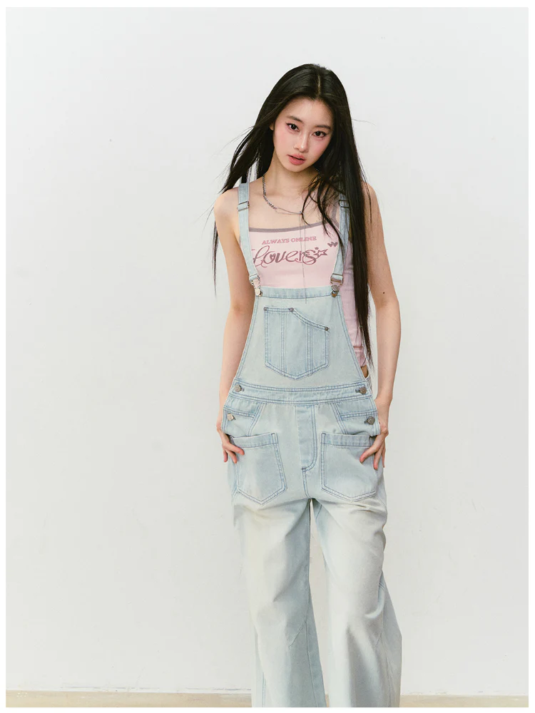 Washed Light Blue Denim Overalls