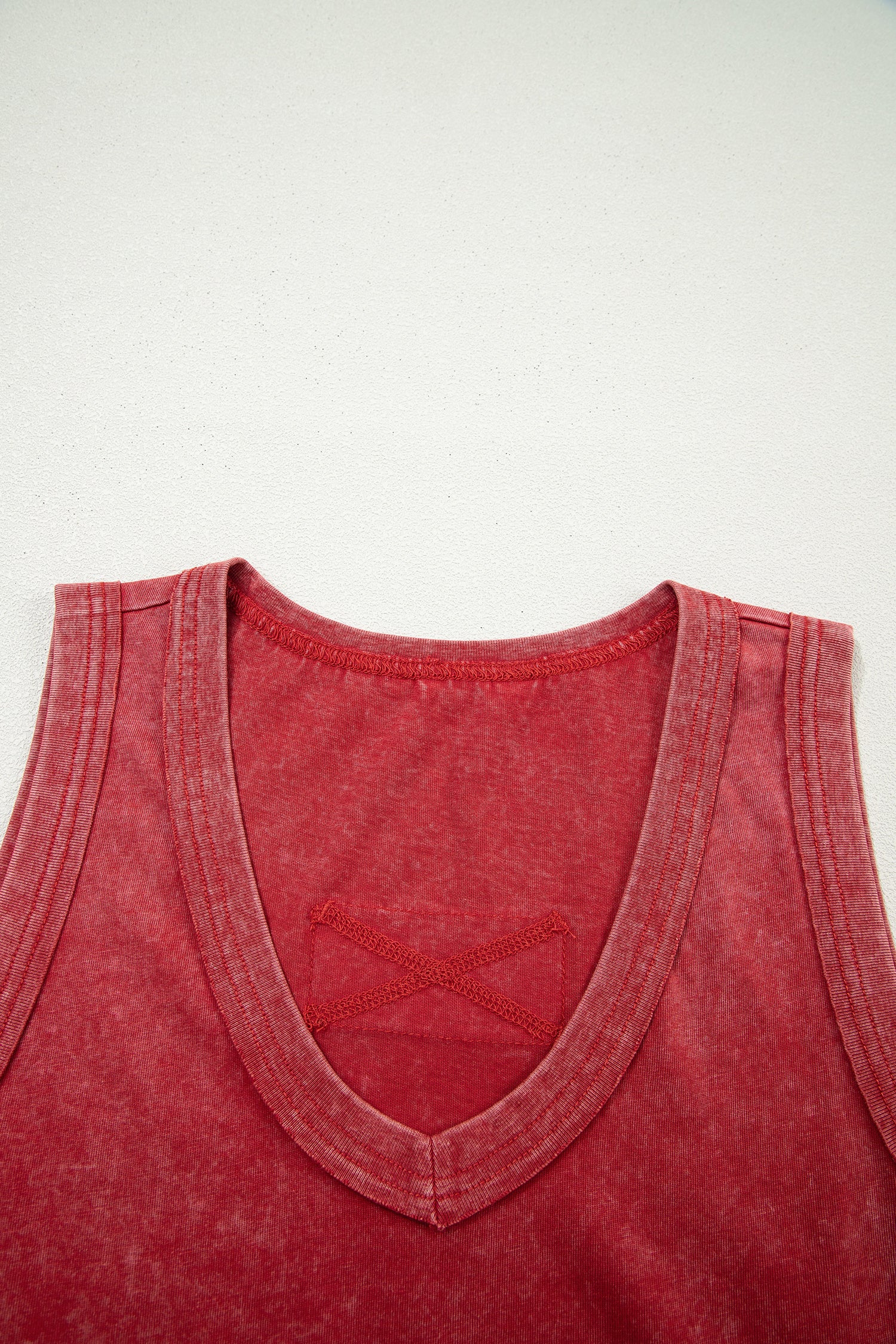 Summer Red Mineral Wash V Neck Tank Top
