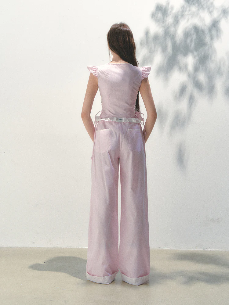 Vertical Striped Drawstring Waist Pink - Blue Pants
