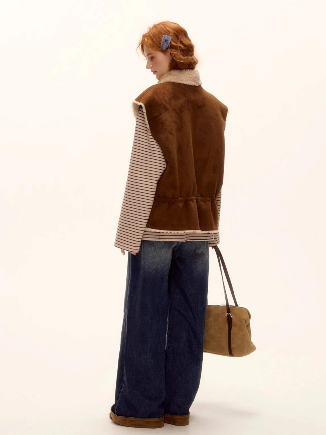 Suede-Panel Washed Denim Wide-Leg Jeans