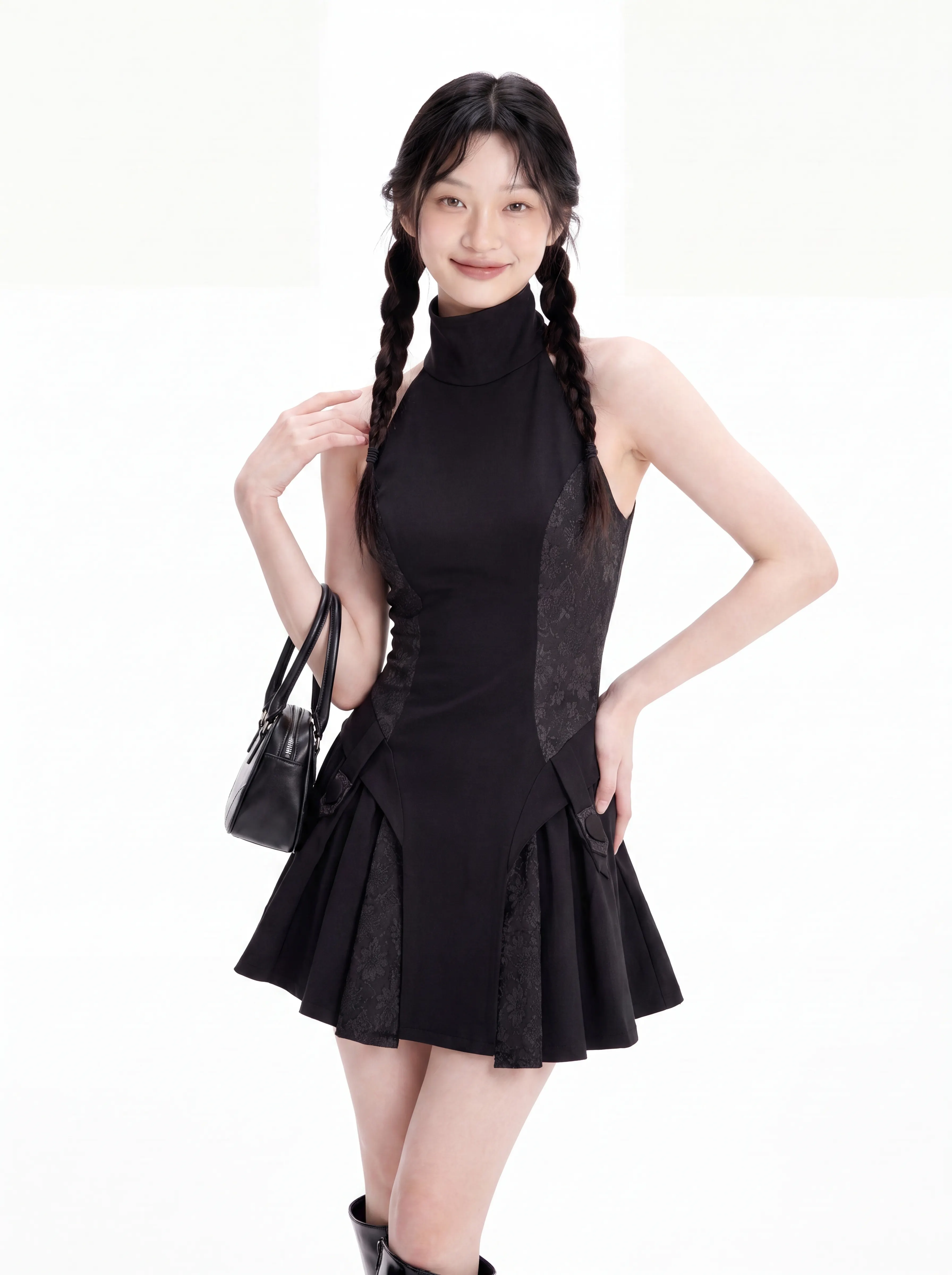 Black High-Neck Halter Mini Dress | Gothic Jacquard Pleated Skirt Dress