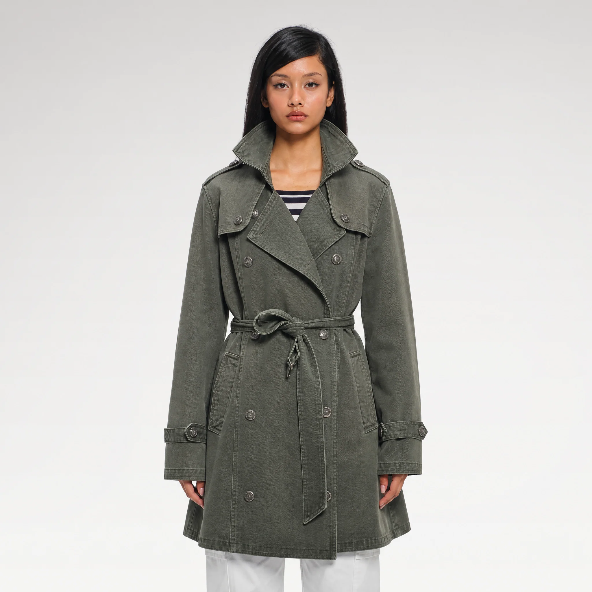 Washed Military Green Trench Coat