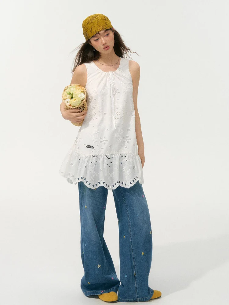 White 3D Embroidered Sleeveless Dress