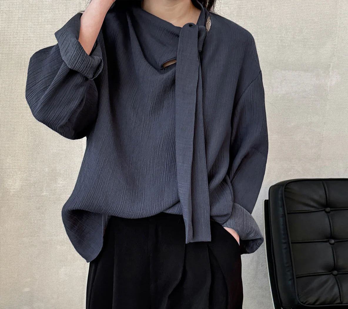 Ladies Solid Color Elegant Retro Ribbon Texture Cotton Pullover