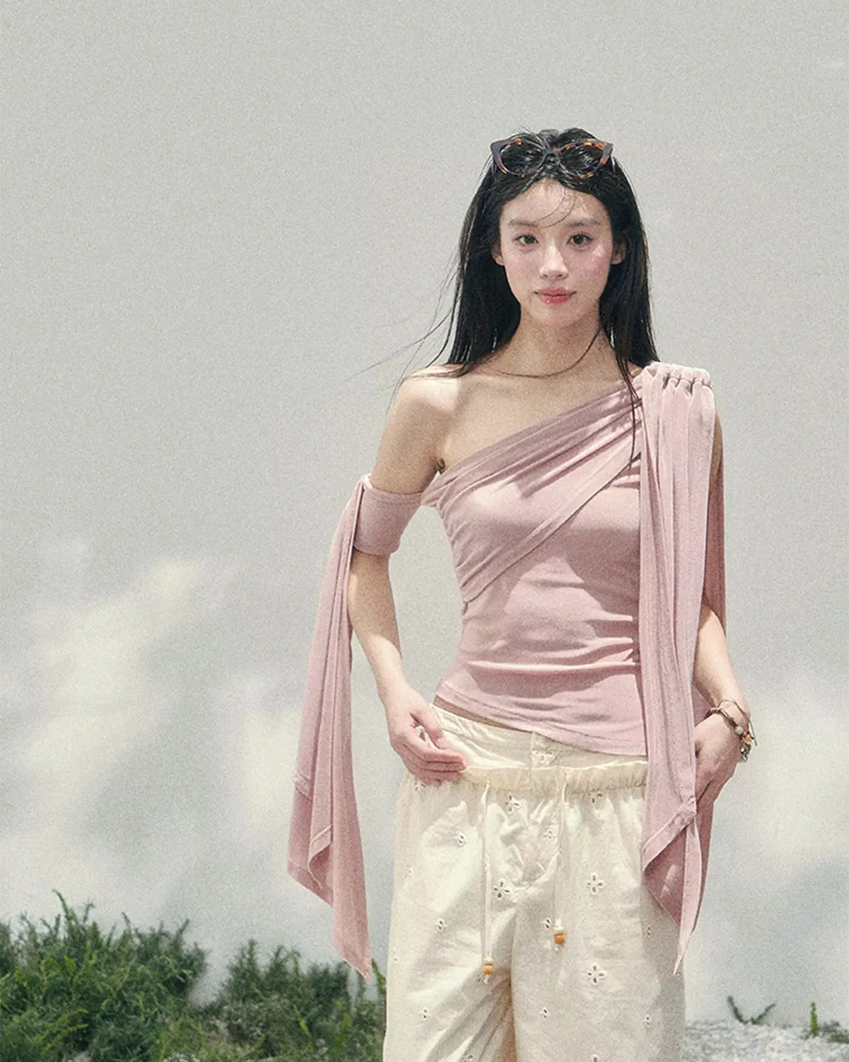 Coral Pink One-Shoulder Ribbon Blouse