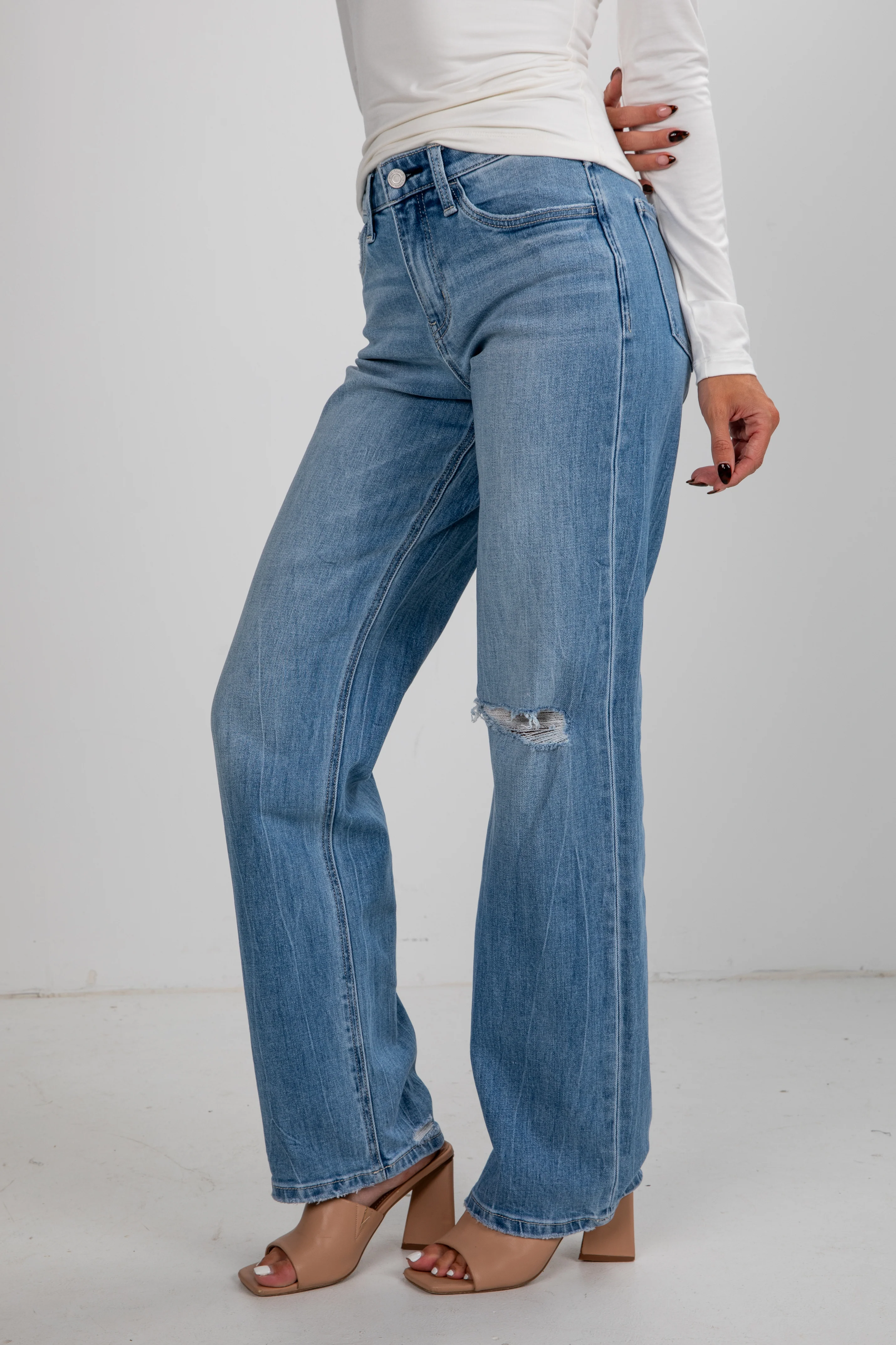 Light Wash High-Rise Distressed Slim Wide Leg Jeans