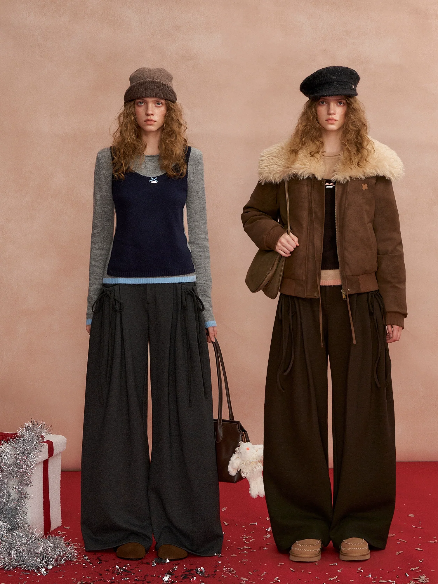 Pleated Bow Wool Blend Trousers