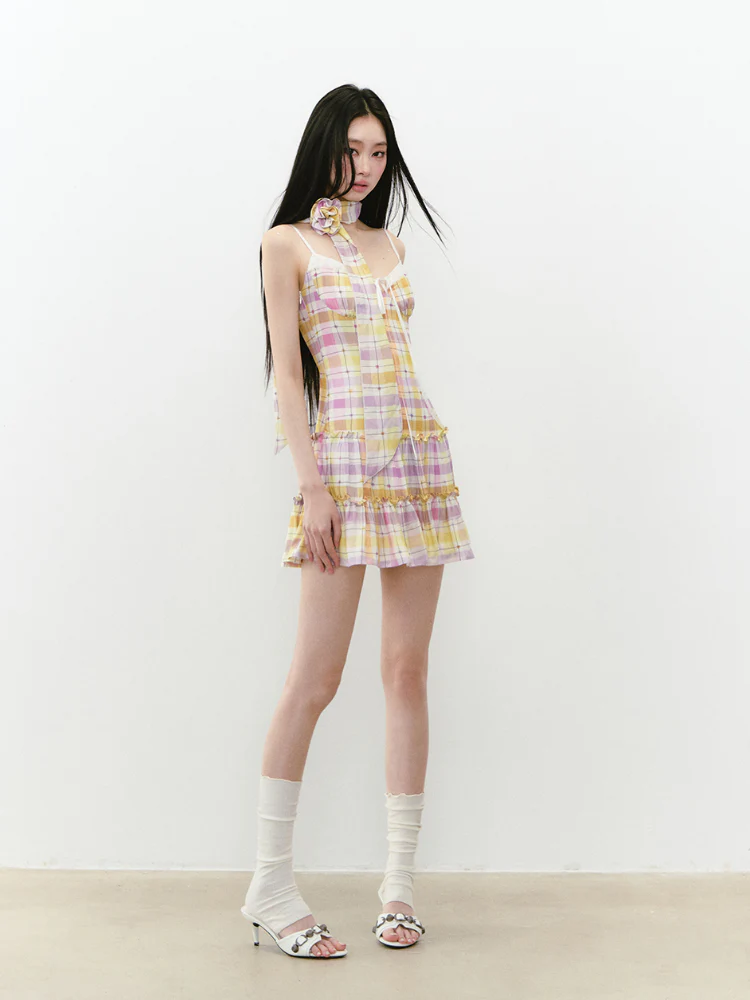 Fake Two-piece Plaid Spliced Cami Dress