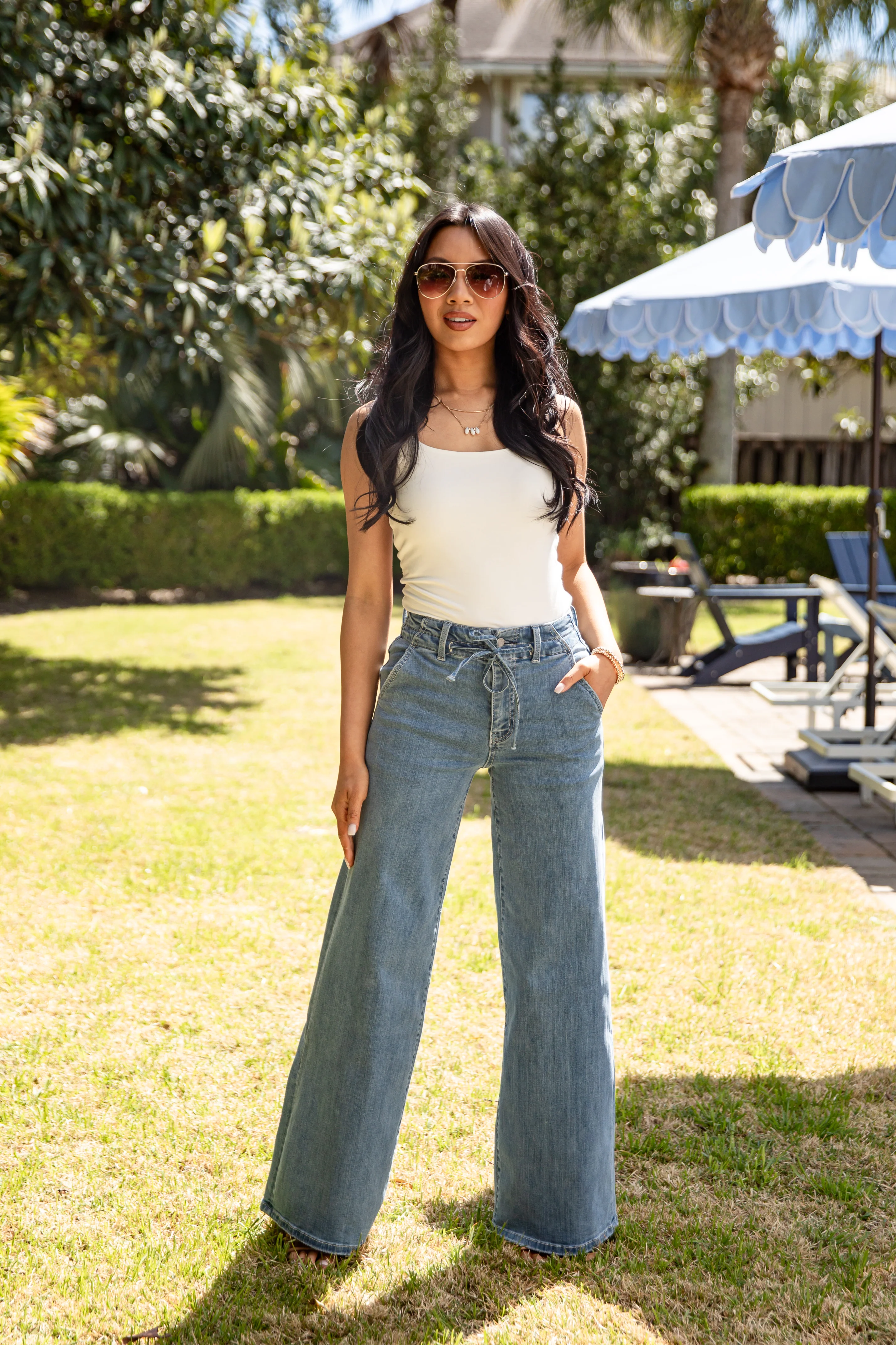 High Rise Light Wash Tie Waist Palazzo Jeans