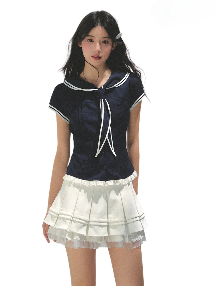 Navy Blue Naval Collar Waist - cinching Shirt