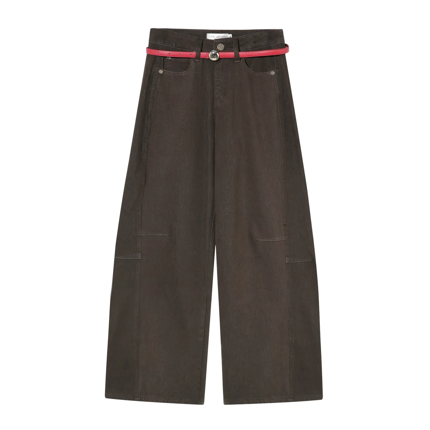 Red Belt Decor Curved-Hem Denim Wide-Leg Jeans
