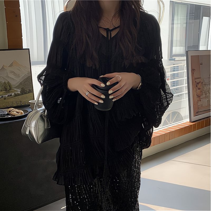 Long-Sleeve Tie H-Line Plain Rise V-Neck Top Sequin Midi High Front Skirt Set Blouse Cami / Sheer