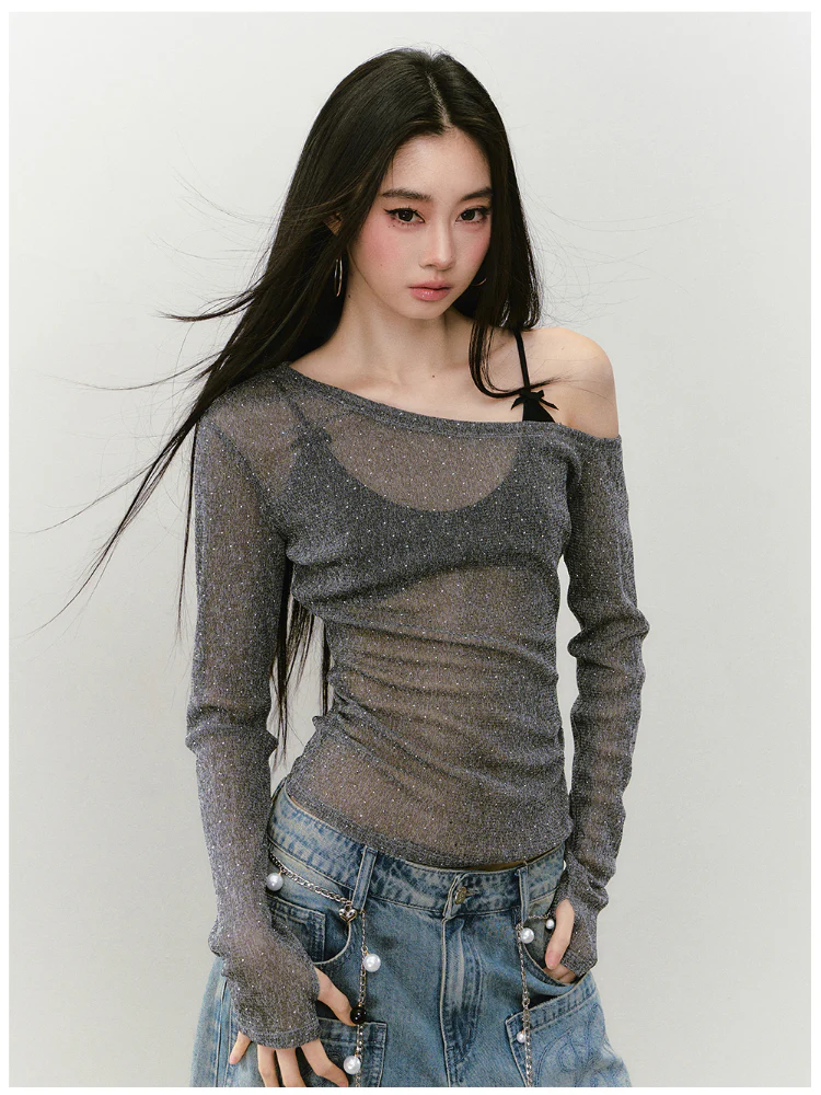 Hot-fix Rhinestone Asymmetric Shoulder Fitted T-shirt