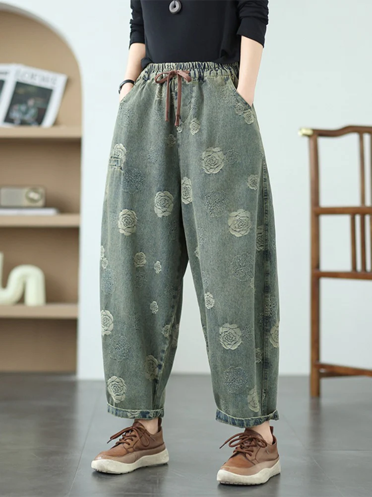 Women Spring Retro Denim Printed Rose Casual Harem Pants