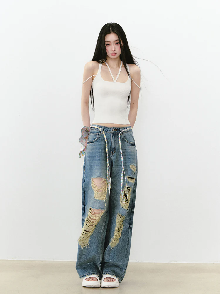 Blue Sparkly Ripped Jeans