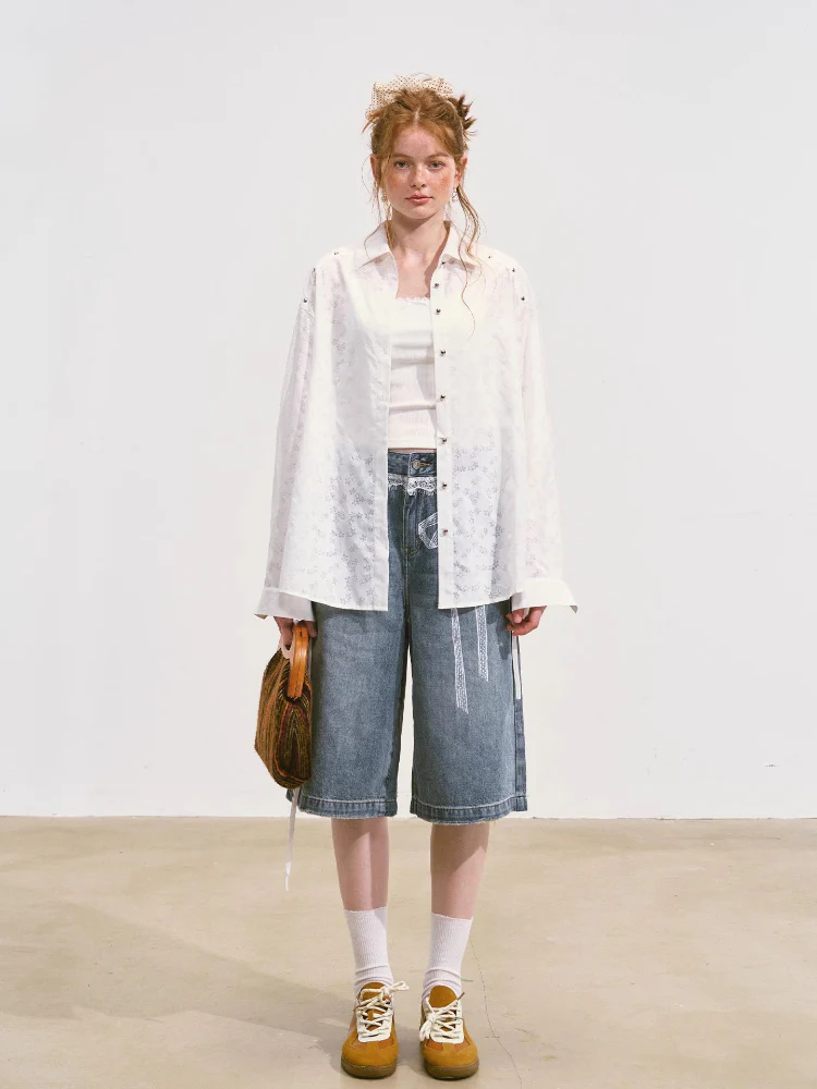 Imitation-Lace Printed High-Waist Denim Mid-Length Pants