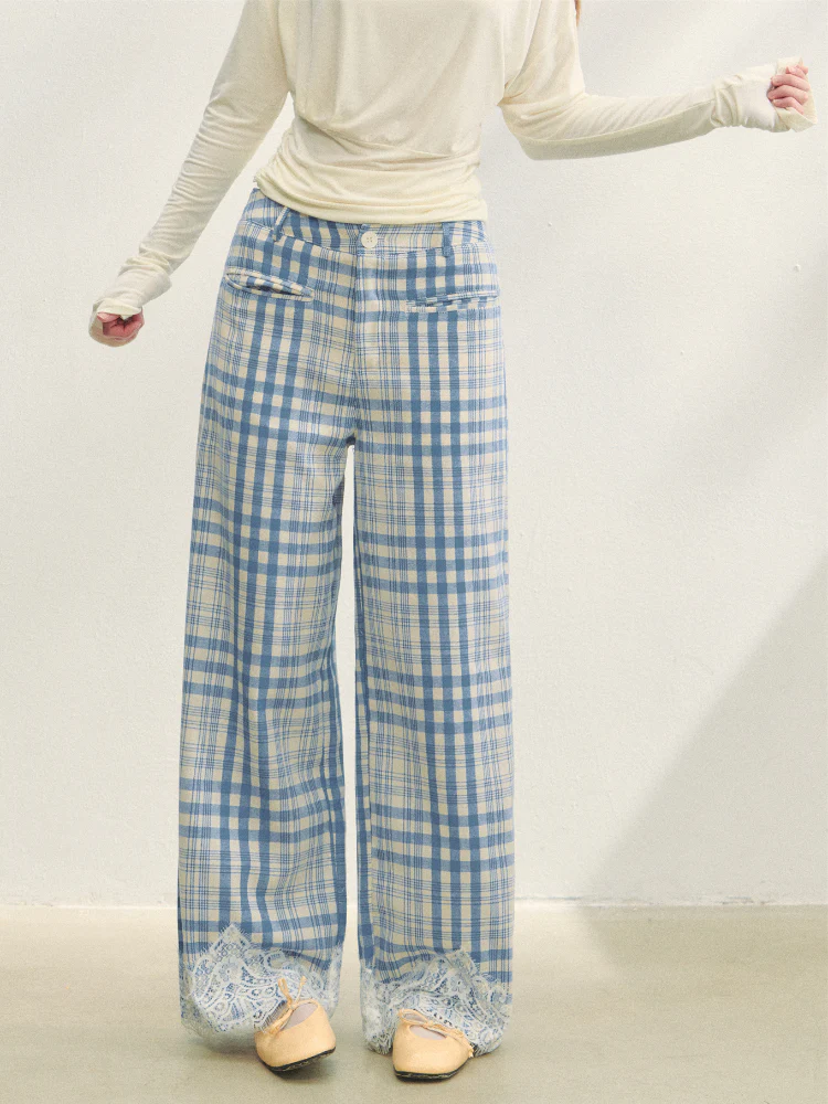 Lace Panel Checked Straight-Leg Pants