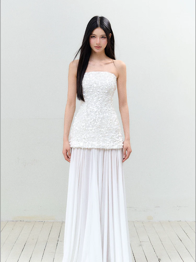 Sequin Mesh Strapless Dress