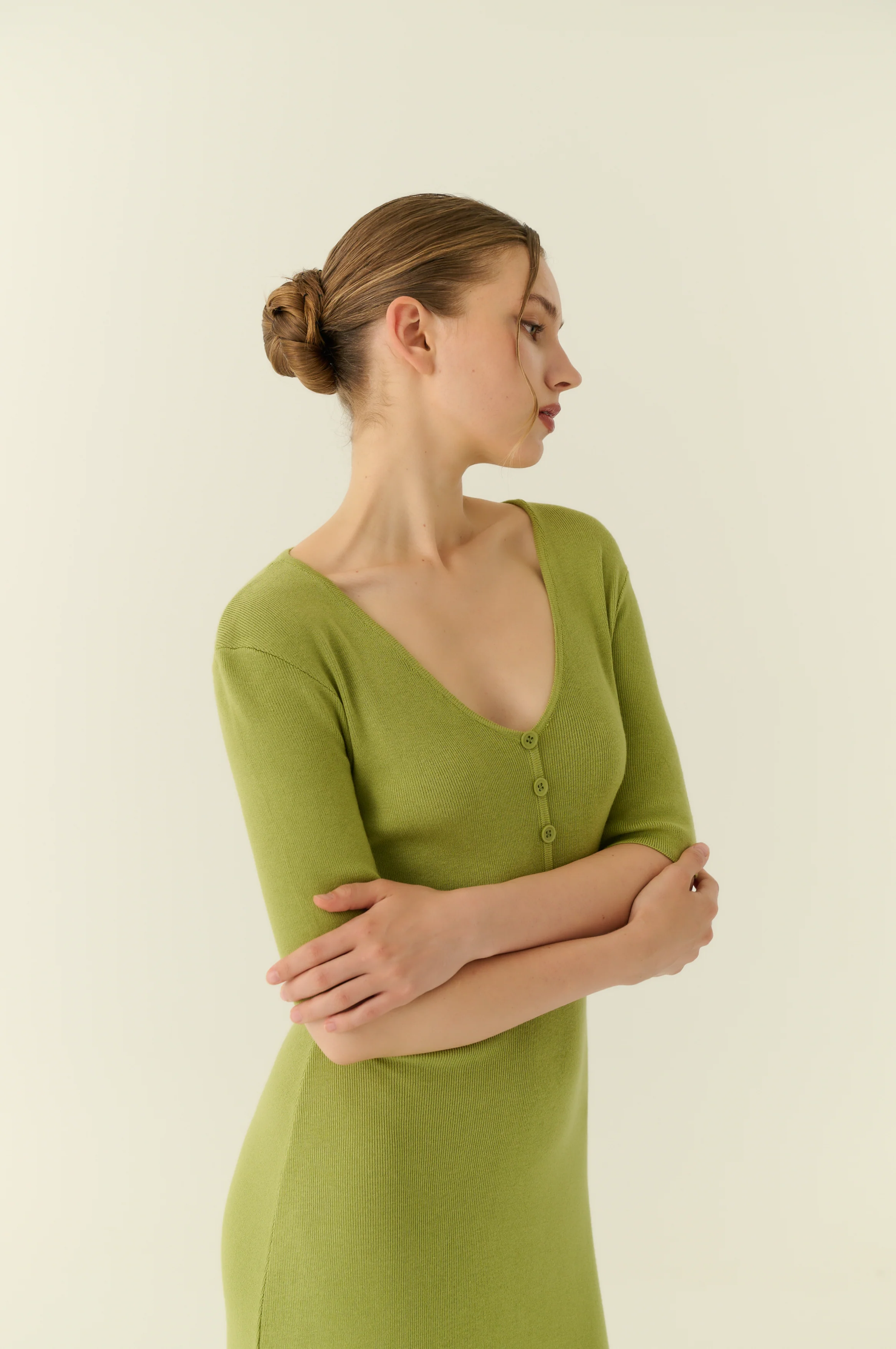 Soft touch button down knit dress in green