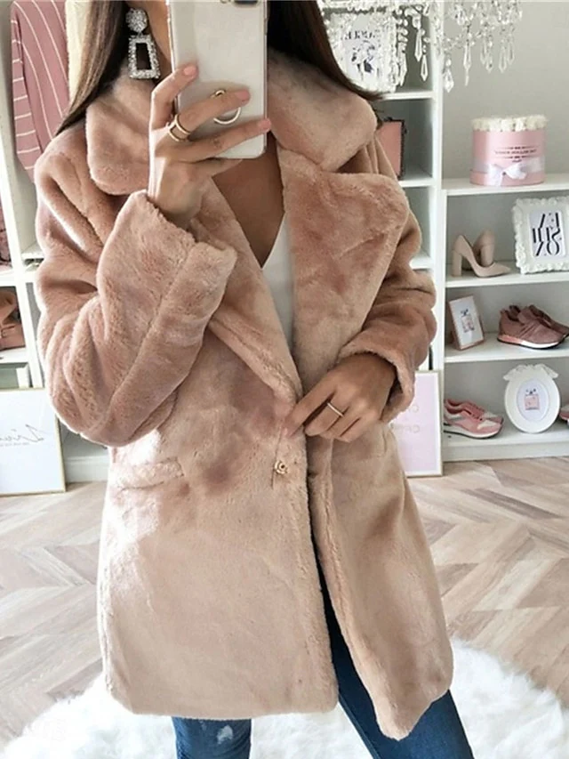 Warm Faux Breathable Coat Pocket Women's Lined Fleece Fur