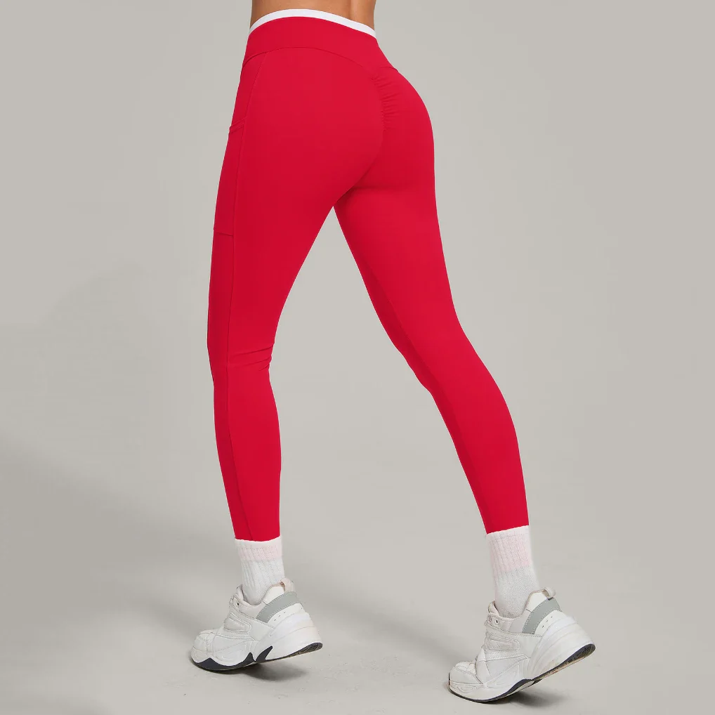 Color Block Cross Waist Yoga Leggings with Pockets