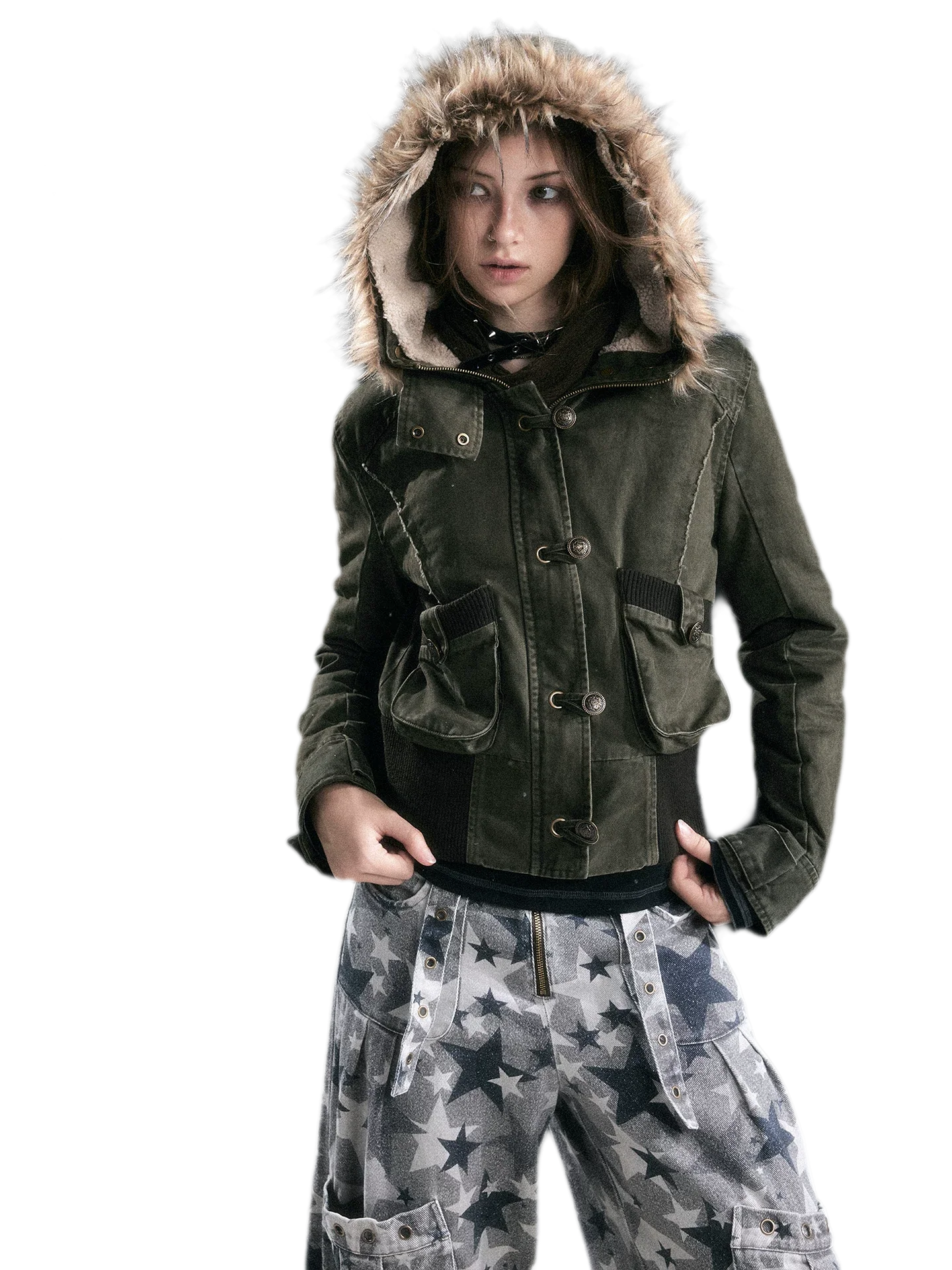 Washed Quilted Fur-Trim Hooded Jacket