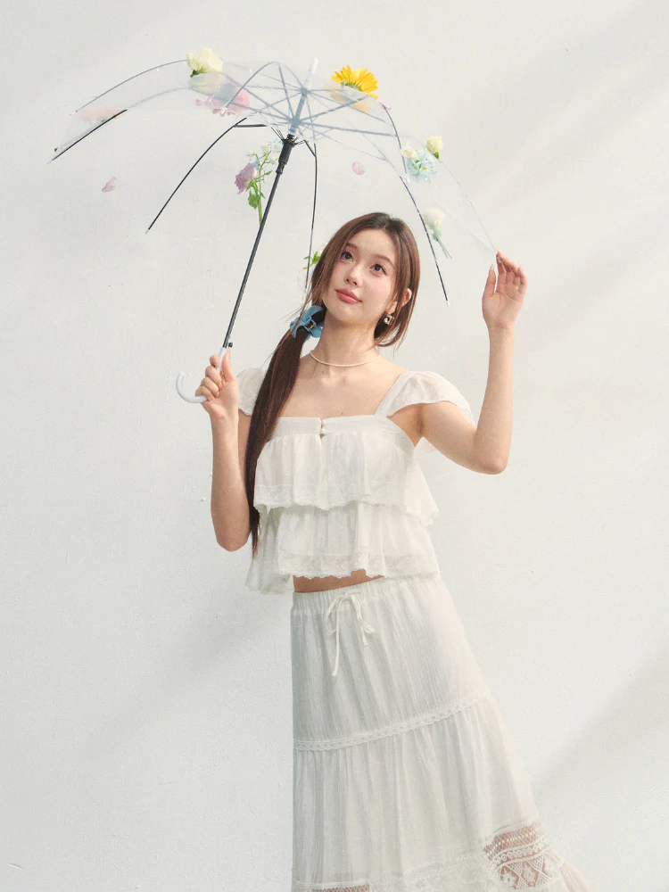 Soft Flutter Sleeve Blouse & Skirt Set